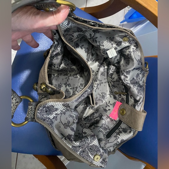 BetsyJohnson br leather/faux snakeskin trim,gold roses buttons hobo - Picture 10 of 16